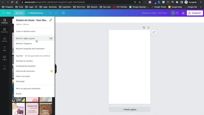 Ir a 'Archivo' y seleccionar 'Mostrar reglas y guías'.