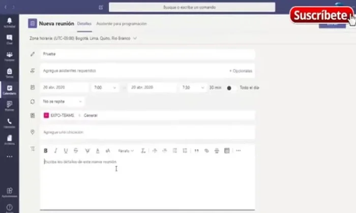 Agregar descripción y ubicación (opcional): Añade una descripción de la reunión y la ubicación (física o virtual).