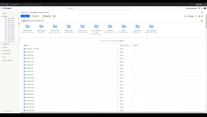 Identifica las carpetas en gris (archivos eliminados). Las carpetas azules contienen archivos existentes.