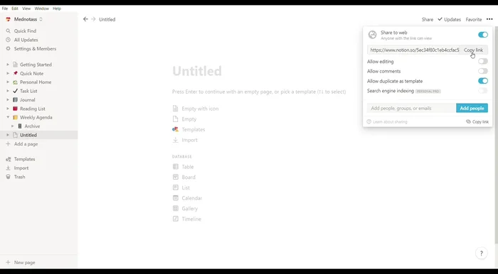 Compartir páginas: Comparte páginas con enlaces, con opciones de edición o solo visualización.