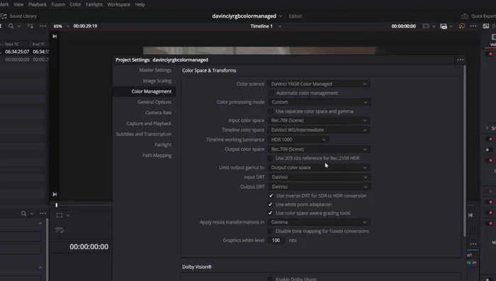Seleccionar DaVinci White Gamut Intermediate para el Timeline Color Space y Rec.709 Gamma 2.4 para el Output Color Space.