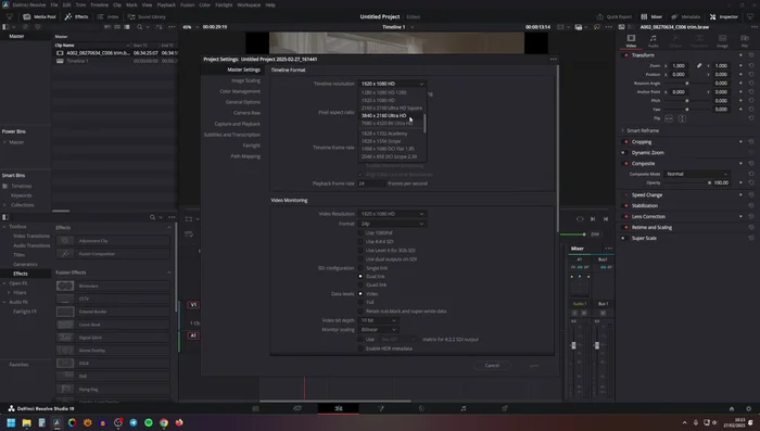 En Timeline Color Space, seleccionar DaVinci White Gamut Intermediate, y en Output Color Space, seleccionar Rec.709 Gamma 2.4.