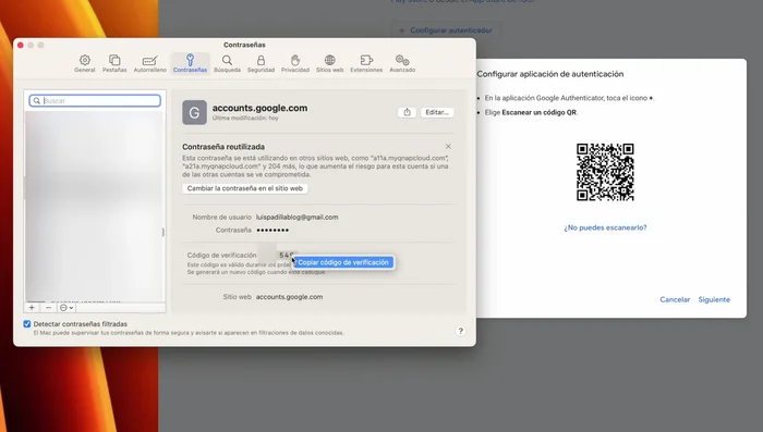 Pega el código copiado en el llavero de iCloud (en la sección de tu cuenta de Google).