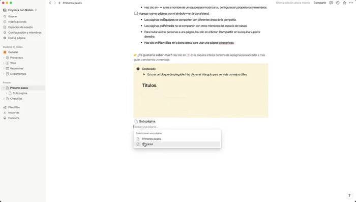 Utilizar enlaces a páginas para conectar diferentes páginas dentro de Notion.