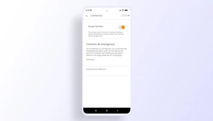 Establecer un contacto de emergencia con nombre y número de teléfono.
