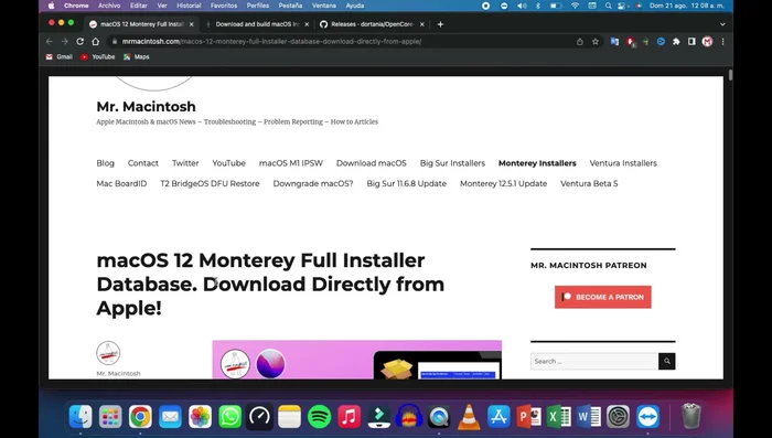 Abrir la Terminal y ejecutar el comando para crear la instalación booteable de macOS Monterey en la unidad externa (comandos detallados en la descripción del video).