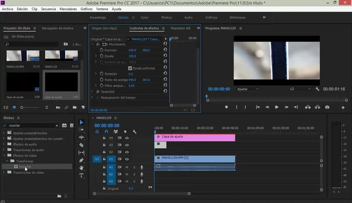 Aplicar el efecto 'Recortar' a la segunda capa de ajuste. En la sección de tiempo, ajustar a 8 milisegundos. En la sección de porcentaje, ajustar a 50% arriba y abajo. Duplicar el tiempo en la sección de tiempo (8 segundos * 2 = 16 segundos).