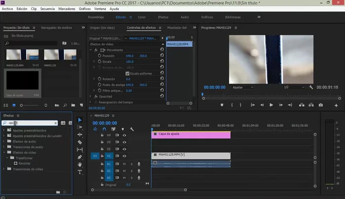 Aplicar el efecto 'Recortar' a la capa de ajuste. Ajustar el porcentaje de recorte (12% arriba y abajo en este ejemplo).