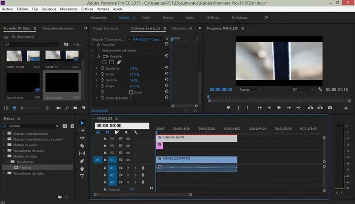 Aplicar el efecto 'Recortar' a la segunda capa de ajuste. En la sección de tiempo, ajustar a 8 milisegundos. En la sección de porcentaje, ajustar a 50% arriba y abajo. Duplicar el tiempo en la sección de tiempo (8 segundos * 2 = 16 segundos).