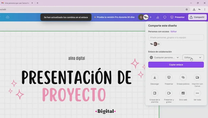 Elegir los permisos: Ver, Editar o Comentar.