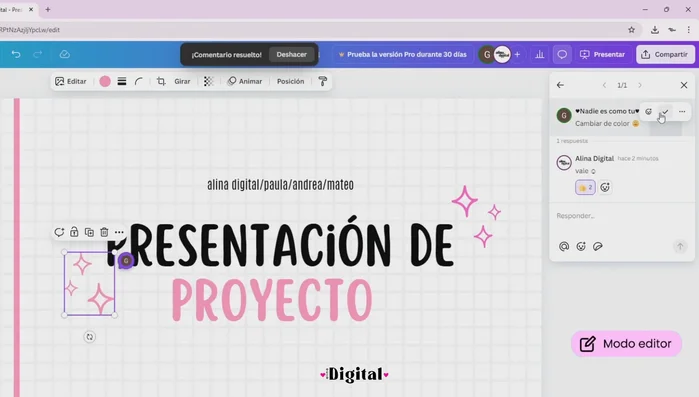 Para eliminar un comentario, seleccionar el comentario y hacer clic en el icono de 'Resolver'.