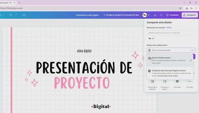 Elegir los permisos: Ver, Editar o Comentar.