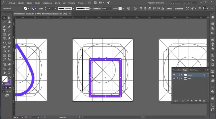 Crear el tercer icono (forma de flecha doble): Utilizar la herramienta Rectángulo para crear la base de la flecha. Seleccionar los vértices inferiores y usar la herramienta Escala para extenderlos. Crear una elipse y suprimir la parte que no se necesita, usando la herramienta Pluma para terminar de dibujar la forma.