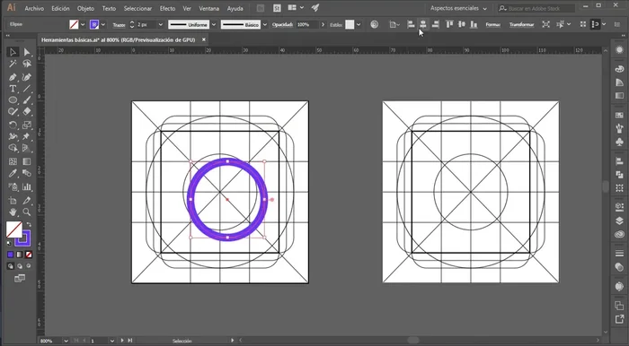 Crear el primer icono (forma de estrella): Utilizar la herramienta Elipse para un círculo de 20x20 píxeles, alinearlo a la mesa de trabajo. Usar la herramienta Pluma para crear un trazo en forma de estrella, copiarlo y rotarlo 45° varias veces para generar los brazos de la estrella.