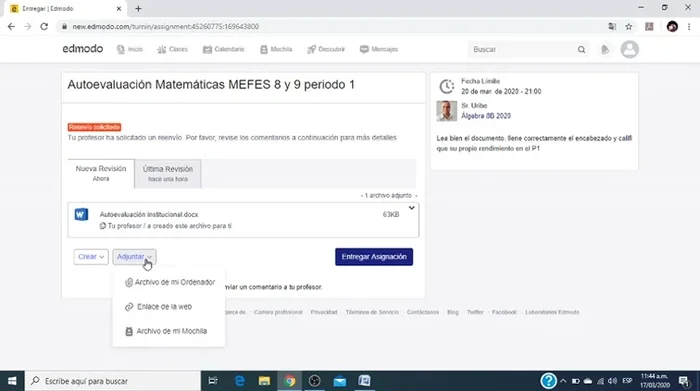 Hacer clic en 'Entregar la asignación'.