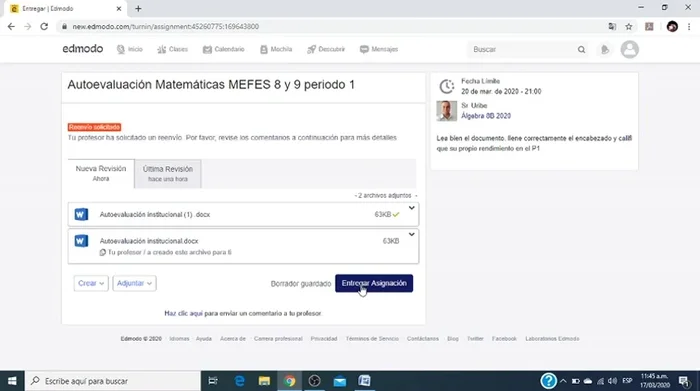 Hacer clic en 'Entregar la asignación'.
