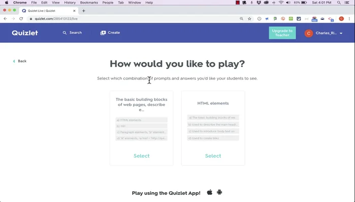 Crea un juego, eligiendo si los estudiantes deben seleccionar términos o definiciones.