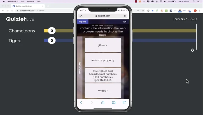 Inicia el juego. Los estudiantes trabajarán en equipos para responder preguntas, colaborando para identificar la respuesta correcta en sus dispositivos.