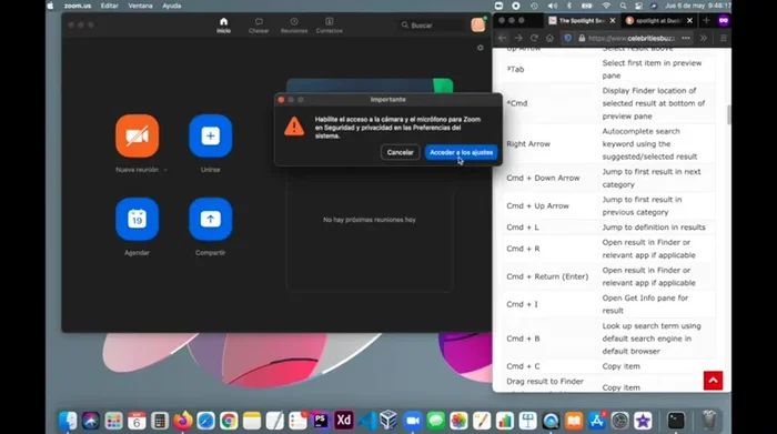 Conceder permisos a Zoom para Micrófono, Cámara y Grabación de pantalla (en la pestaña Privacidad).
