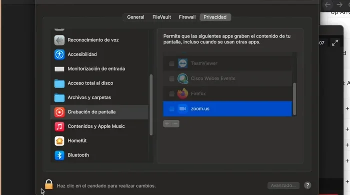 Conceder permisos a Zoom para Micrófono, Cámara y Grabación de pantalla (en la pestaña Privacidad).