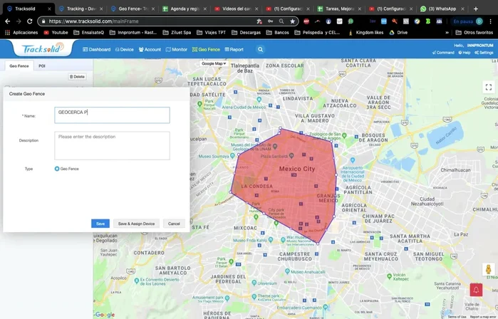 Asignar la geocerca a un vehículo y configurar las alertas (entrada, salida, tiempo dentro/fuera del área).