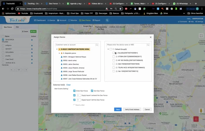 Asignar la geocerca a un vehículo y configurar las alertas (entrada, salida, tiempo dentro/fuera del área).