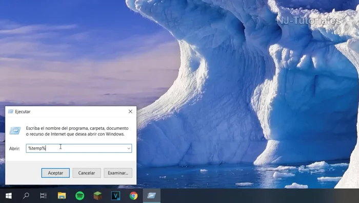 Ejecutar el primer comando para eliminar archivos temporales de programas de terceros: Escribe `%temp%` en la ventana 'Ejecutar' y presiona Enter. Selecciona todos los archivos y carpetas (Ctrl+A), luego elimínalos (Supr). Si algunos archivos no se eliminan, omítelos.