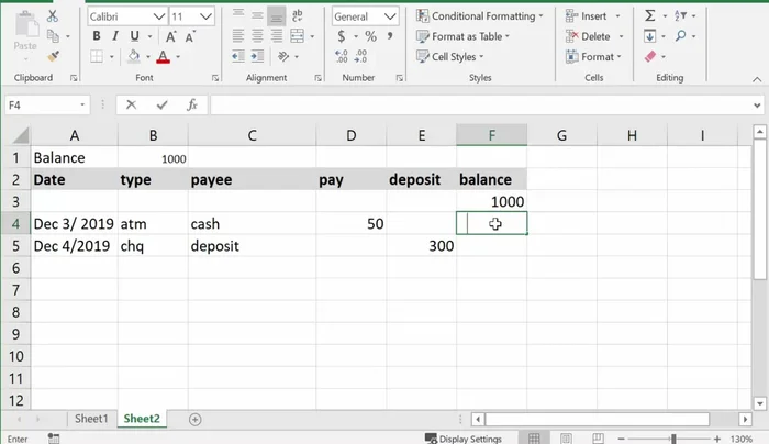 Calcular el saldo para cada transacción: Utilizar una fórmula que sume los depósitos y reste los pagos del saldo anterior. (Ej: =B7+E7-D7, donde B7 es el saldo anterior, E7 el depósito y D7 el pago). Utilizar el controlador de relleno para aplicar la fórmula a todas las filas.