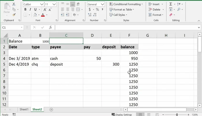 Calcular y mostrar el saldo total en la celda B1: Utilizar una fórmula que sume el saldo inicial y los depósitos, y reste los pagos. Esta fórmula debe referirse a todas las celdas correspondientes a las columnas de pago y depósito. (Ej: =B1+SUM(E2:E100)-SUM(D2:D100), ajustando el rango según la extensión de la hoja).