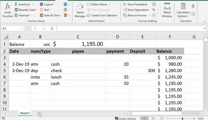 En la celda B1, ingresar el saldo inicial (ej: $1000). Ajustar el tamaño de la fuente para una mejor visualización.