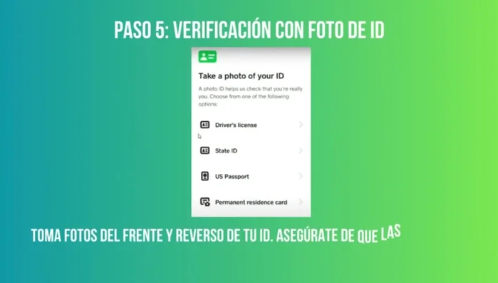 Toma fotos de tu identificación oficial (licencia de conducir, identificación estatal, pasaporte o tarjeta de residencia permanente).