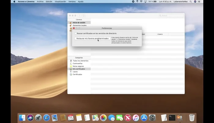 Presiona la opción 'Restaurar llaveros predeterminados'.