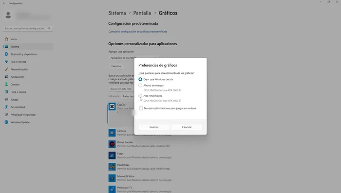 Seleccionar 'Alto rendimiento'