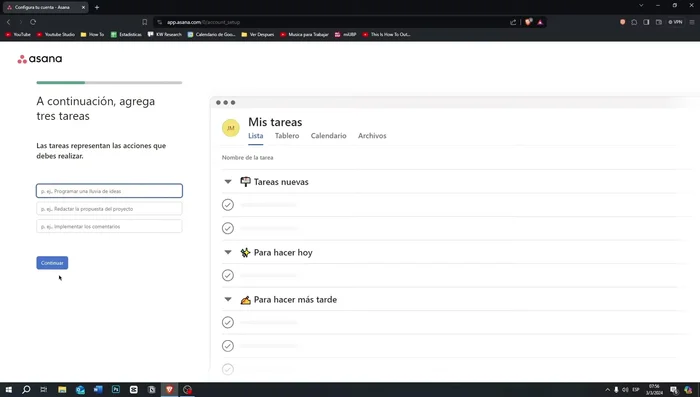 Configurar el tablero de tareas: Elige la vista que prefieras (lista, tablero, calendario). Asana ofrece una guía inicial con ejemplos de tareas que puedes modificar posteriormente.