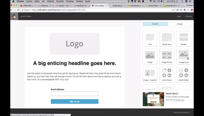 Utilizar el editor drag-and-drop para agregar elementos (texto, imágenes, formularios) a la página arrastrándolos desde la sección de la derecha hacia el área de diseño.