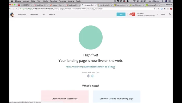 Publicar la landing page. Mailchimp proporcionará un enlace a la página publicada.