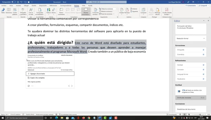 Haz clic en la pestaña 'Similitud' para verificar si tu texto presenta plagio.