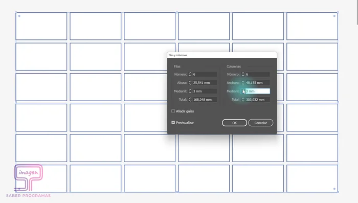 Ajustar la 'Medianil' para definir el espacio entre filas y columnas. Aumentar la medianil disminuye el tamaño de los recuadros, y viceversa.