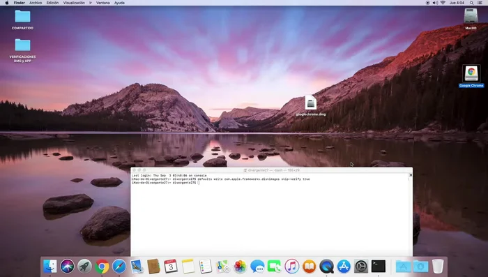 Verificar que funciona: Abrir el archivo DMG para comprobar que la verificación ya no se muestra (1:24.19).