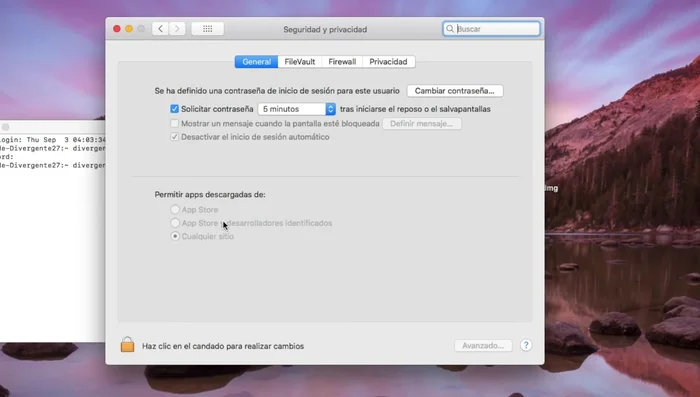 Ajustar configuración de seguridad (opcional): Ir a Preferencias del Sistema > Seguridad y privacidad. Si es necesario, cambiar la configuración para permitir aplicaciones de cualquier origen (1:50.52). Esto se hace después de ejecutar el segundo comando.