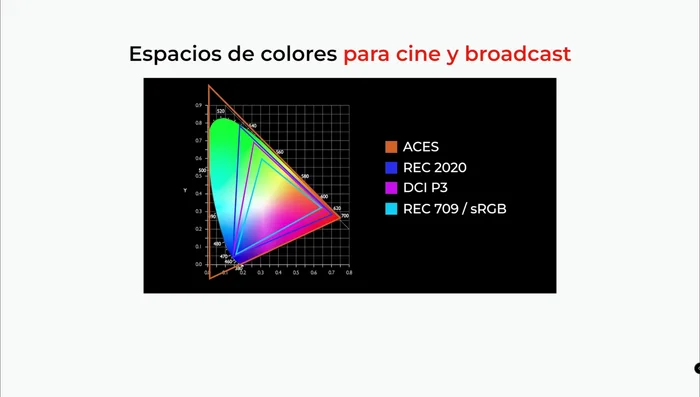Considera espacios de color como Rec. 2020 para una gama más amplia de colores, ideal para coloristas.