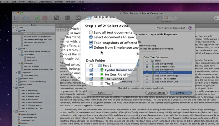 Decidir si se desea eliminar de SimpleNote los documentos del proyecto no seleccionados para sincronizar.
