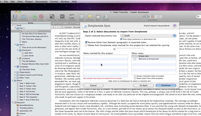 Verificar en SimpleNote que los documentos se hayan cargado correctamente. SimpleNote usa el título del documento Scrivener y añade la palabra clave y un ID único entre paréntesis y corchetes, respectivamente.