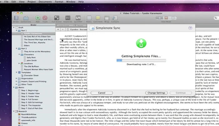 Sincronizar nuevamente con Scrivener. Se descargarán las modificaciones realizadas en SimpleNote, y las nuevas notas asociadas a la palabra clave del proyecto serán importadas.