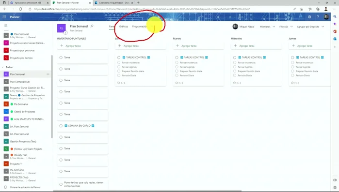 Acceder al apartado de programación en Microsoft Planner. Se encuentra en el menú superior.
