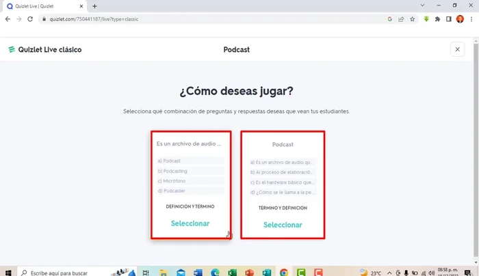 Selecciona el formato de juego: "Definición y término" o "Término y definición".