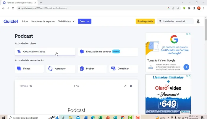 Selecciona la opción "Quizlet en vivo clásico".
