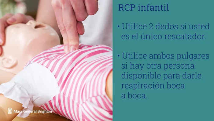 Para bebés: usar dos dedos (un solo socorrista) o ambos pulgares (si hay otra persona capacitada para administrar respiración boca a boca). Compresiones a 100-120 por minuto, un poco menos profundas que en adultos.