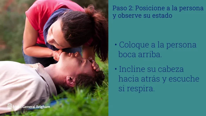 Colocar a la persona boca arriba, inclinar su cabeza hacia atrás y comprobar si respira (observar el movimiento del pecho) y si tiene pulso (en el cuello).