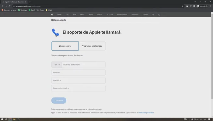 Esperar la llamada de un agente de soporte de Apple.